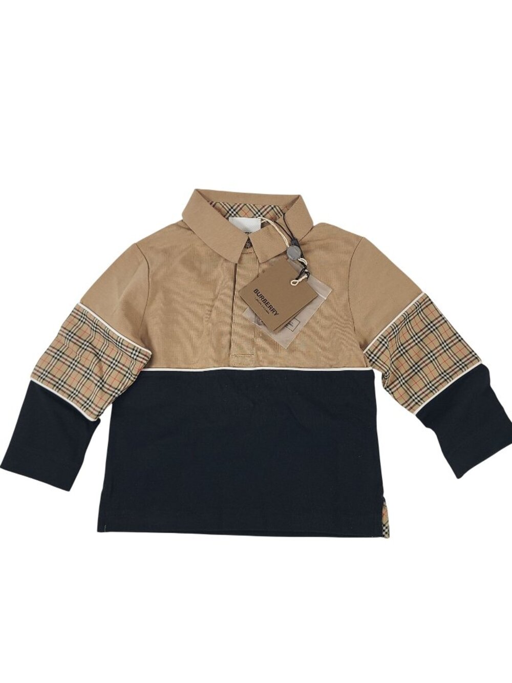 NEW Burberry Toddler Polo Shirt Beige & Black Panel Design Long Sleeves Size 2Y